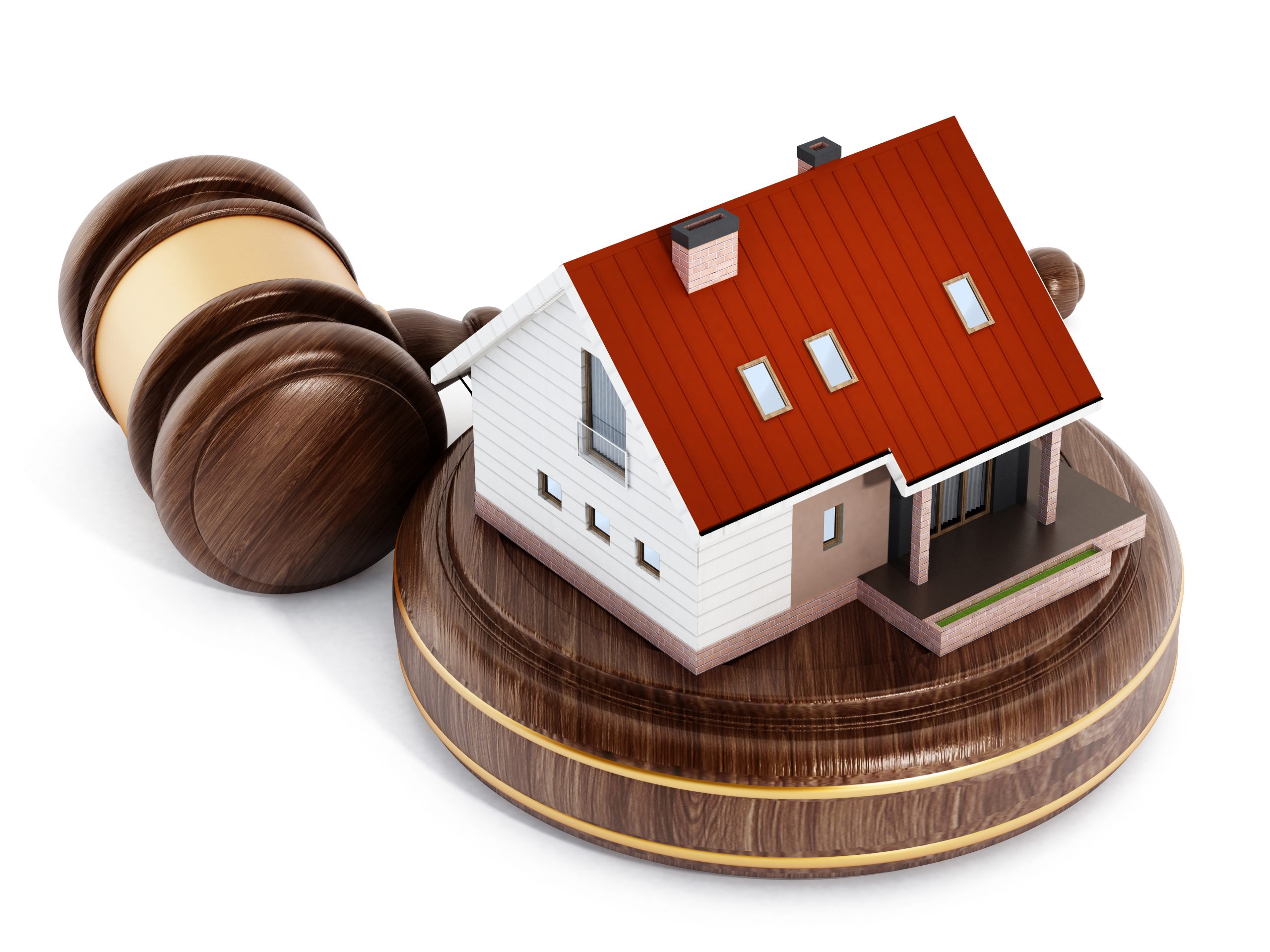 House under a wooden gavel. 3D illustration.