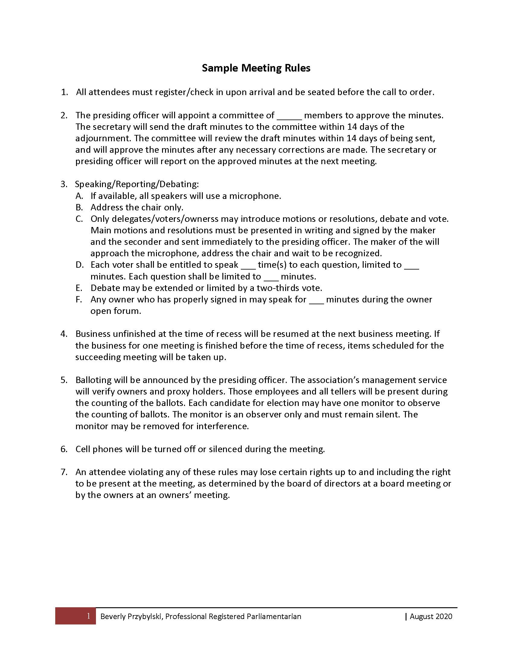 Sample Meeting Rules (HOA)